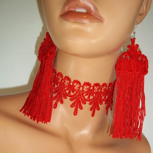Red Lace Tassel Jewelry Set, Red Lace Tassel Earrings & Choker, Red Jewelry Set - Picture 4 of 4